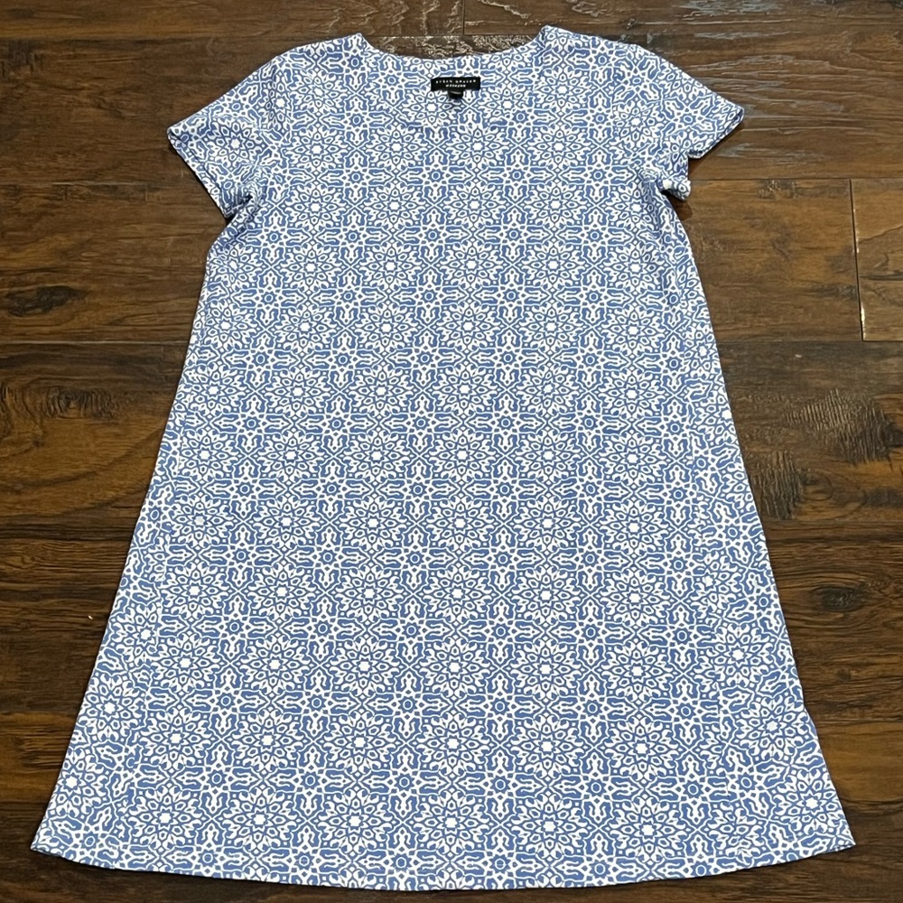 Susan Graver Weekend Small Dress Short Sleeve Blue Midi comfy Stretch Casual